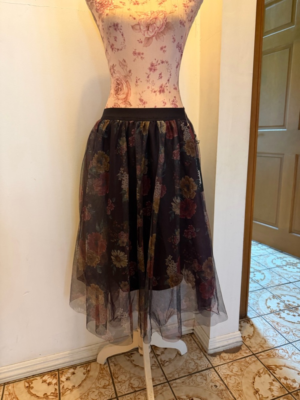 Haute Monde Black Mesh Floral Midi Skirt